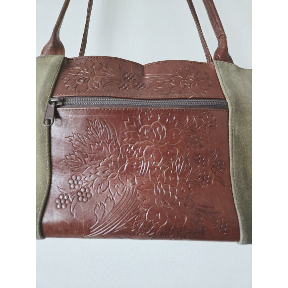 Leaders in Leather Purse Tooled Brown Leather Green Suede Bag Floral Pattern